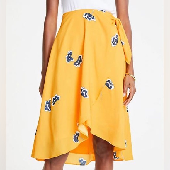 Ann Taylor Dresses & Skirts - NWOT Ann Taylor Golden Yellow Floral Faux Wrap Midi Skirt